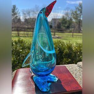 Handblown Blue Glass Penguin Figurine - Decorative Home Accent